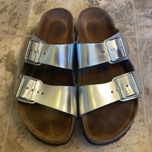Silver Birkenstock Arizona sandals